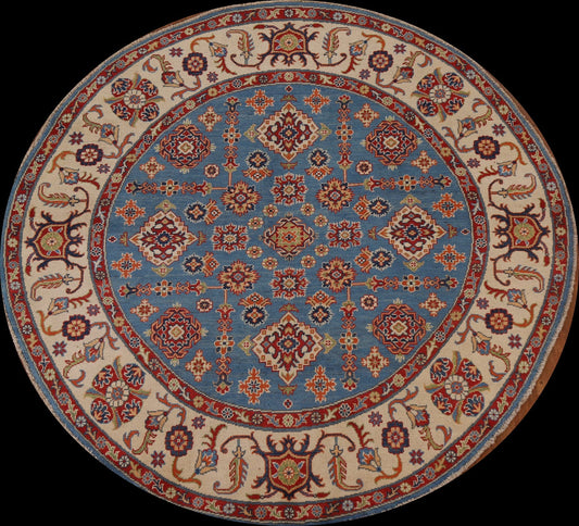 Blue Geometric Kazak Round Area Rug 7x7