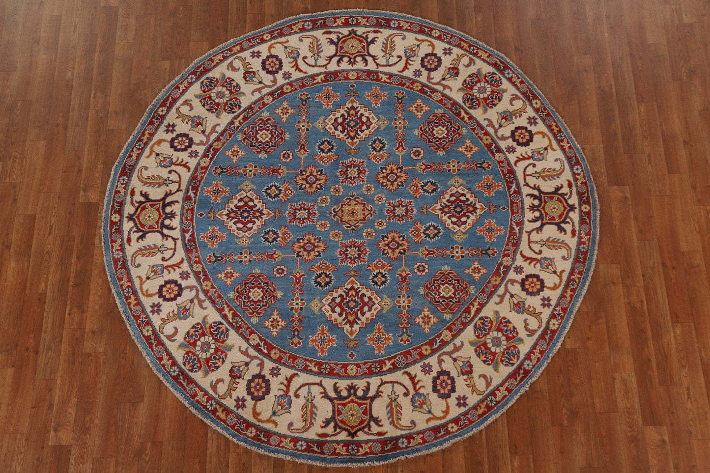 Blue Geometric Kazak Round Area Rug 7x7