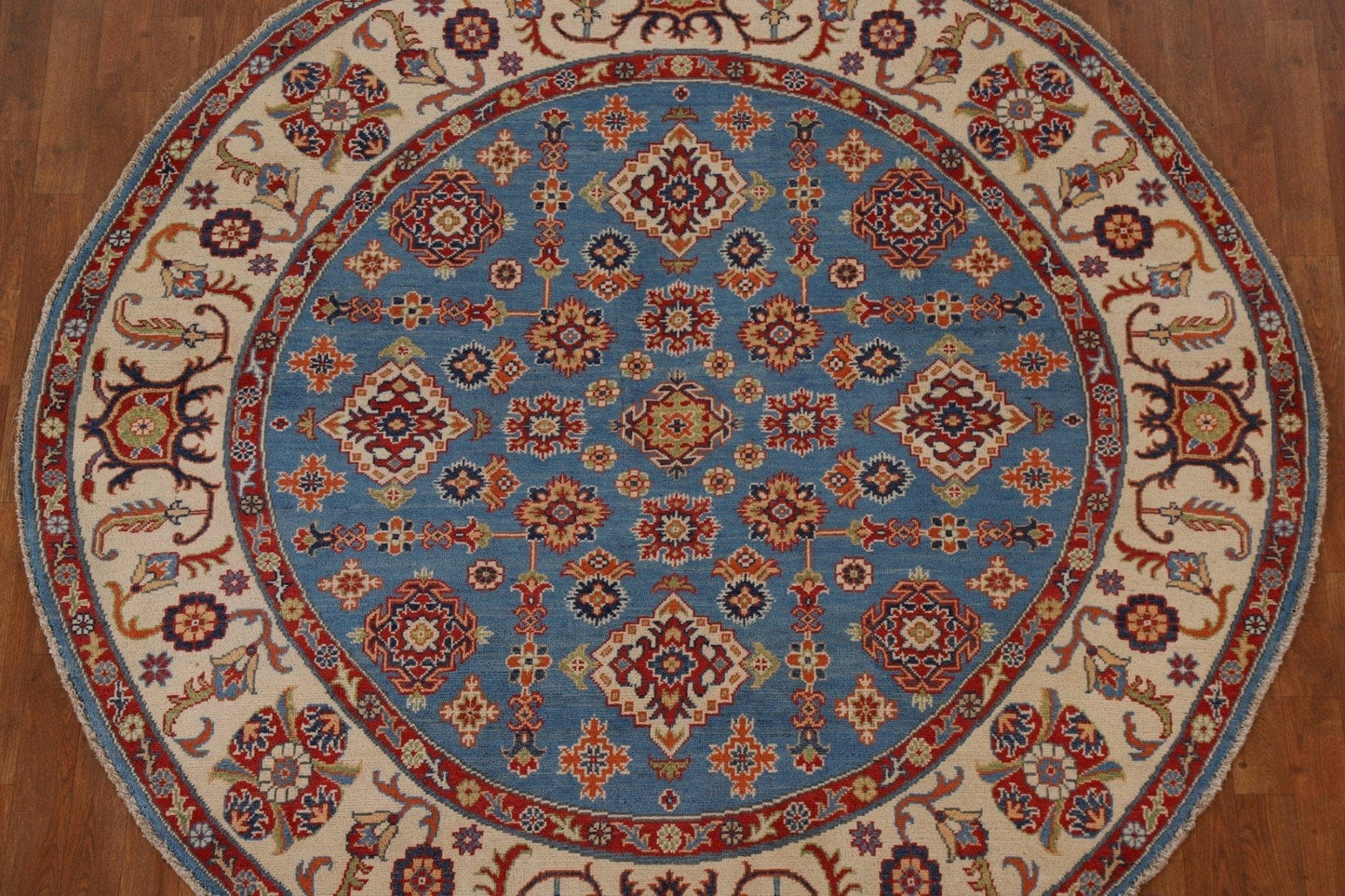 Blue Geometric Kazak Round Area Rug 7x7