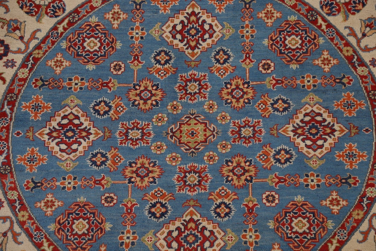 Blue Geometric Kazak Round Area Rug 7x7