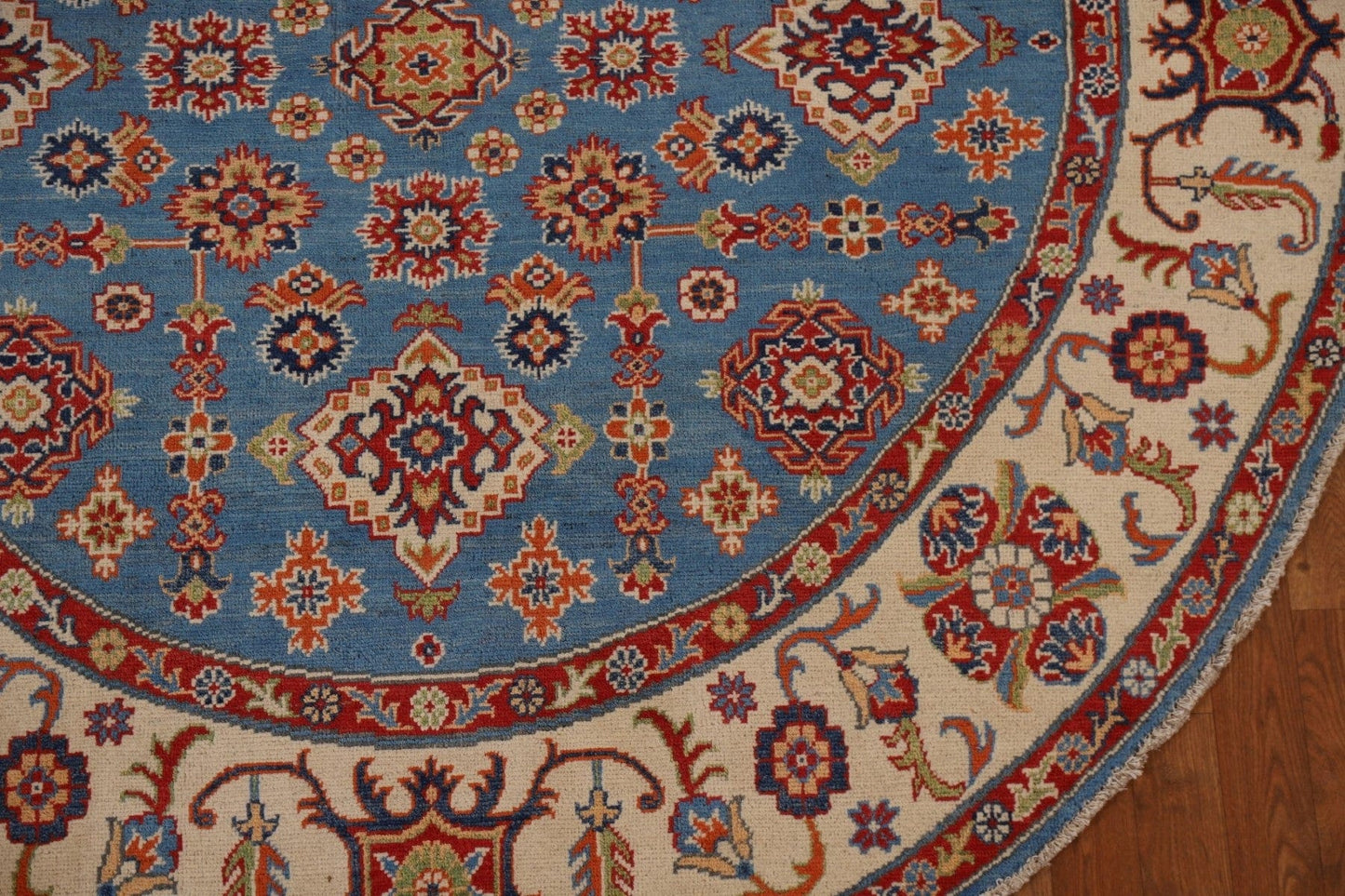 Blue Geometric Kazak Round Area Rug 7x7