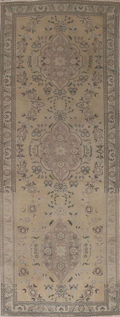 Distressed Muted Tabriz Persian Runner Rug 3x9