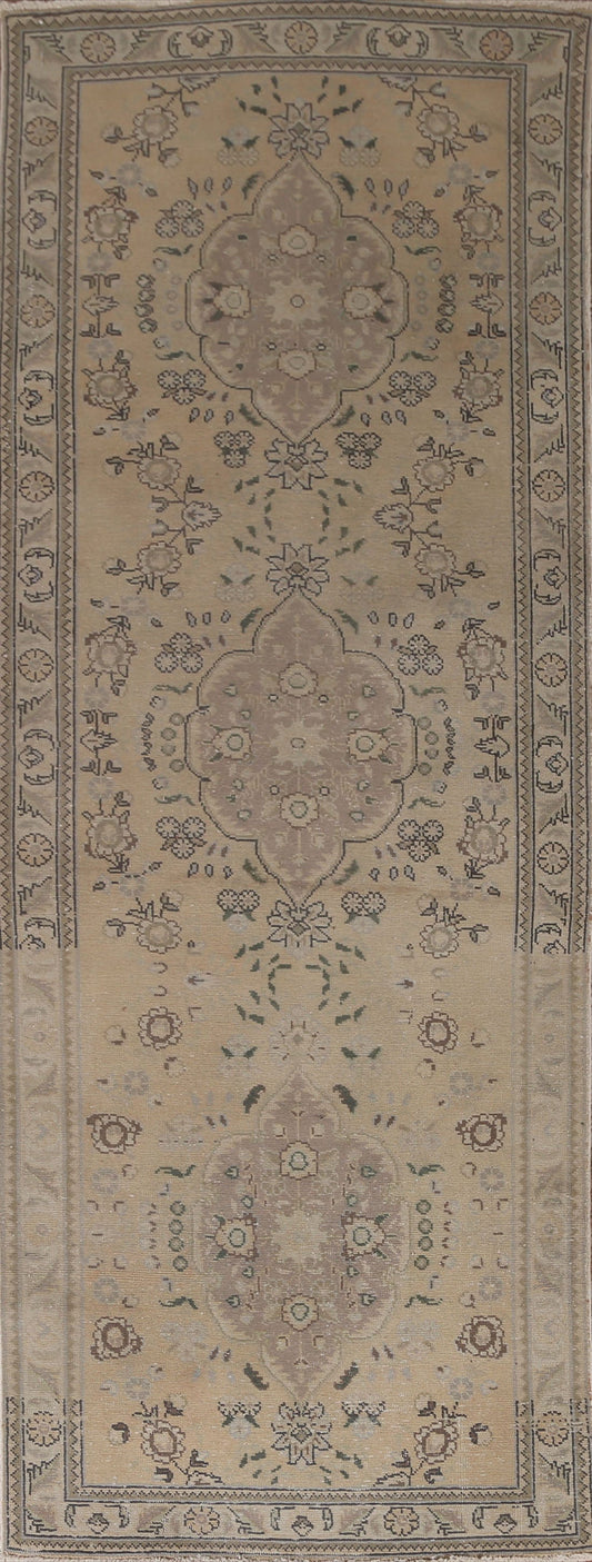 Distressed Muted Tabriz Persian Runner Rug 3x9