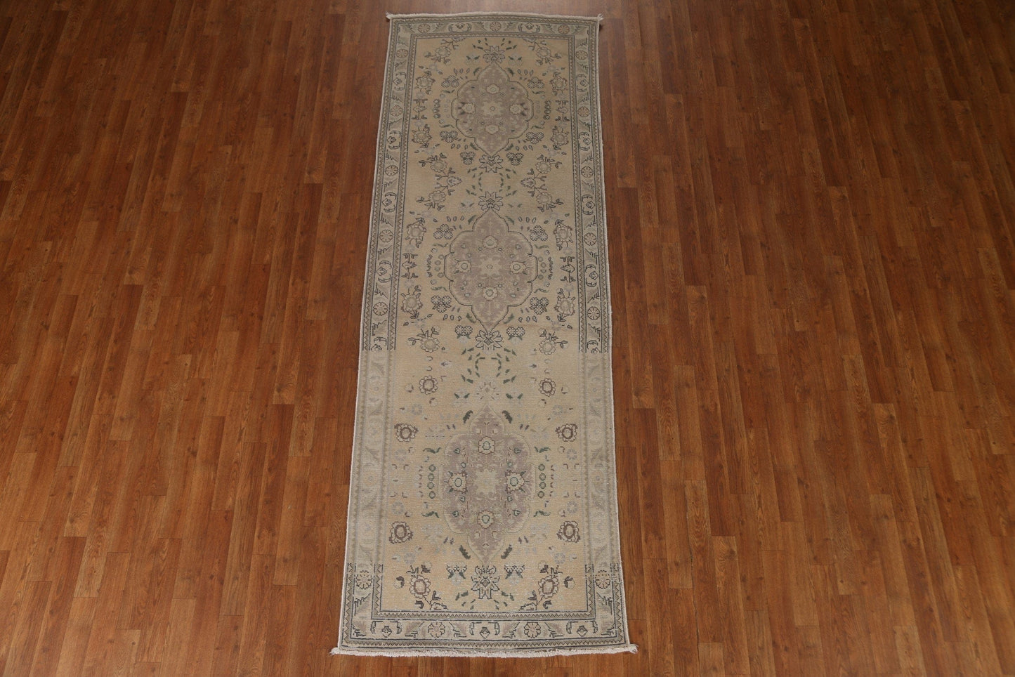 Distressed Muted Tabriz Persian Runner Rug 3x9