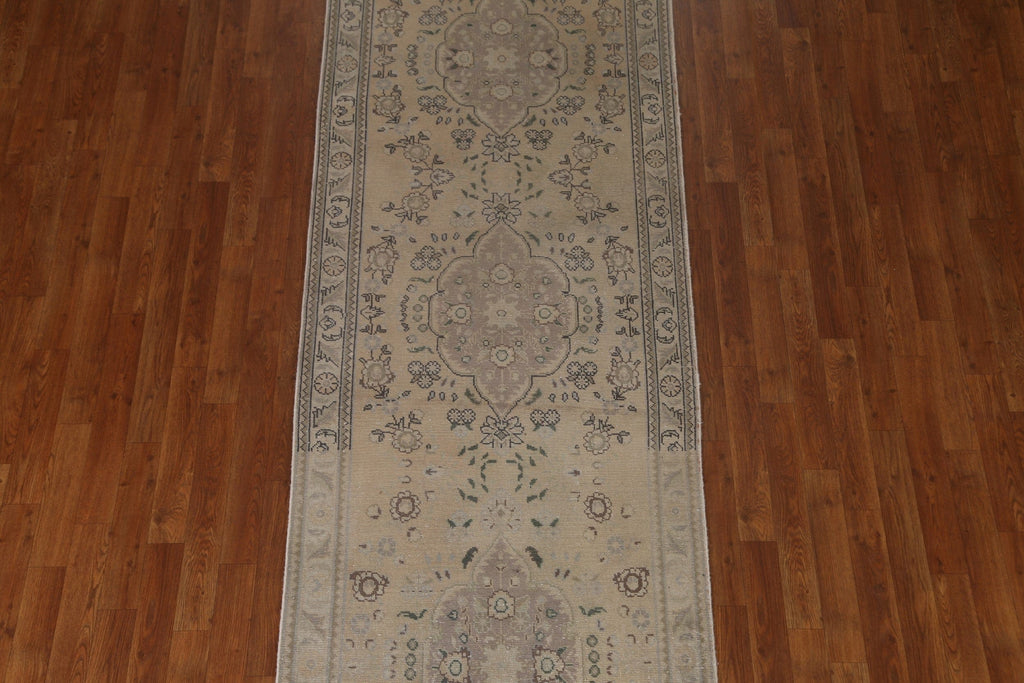 Distressed Muted Tabriz Persian Runner Rug 3x9