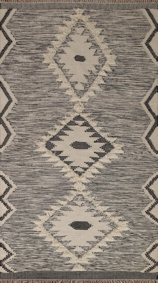 Ivory/ Black Durrie Kilim Oriental Area Rug 5x8