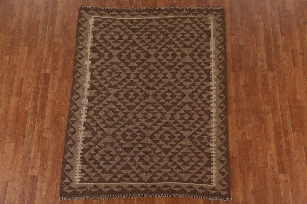 Brown Kilim Wool Area Rug 5x6