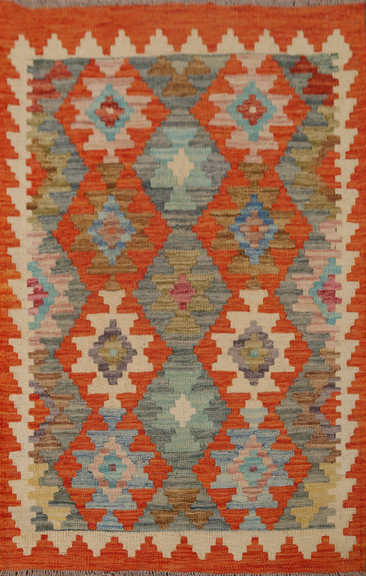 Orange Wool Kilim Geometric Area Rug 3x4