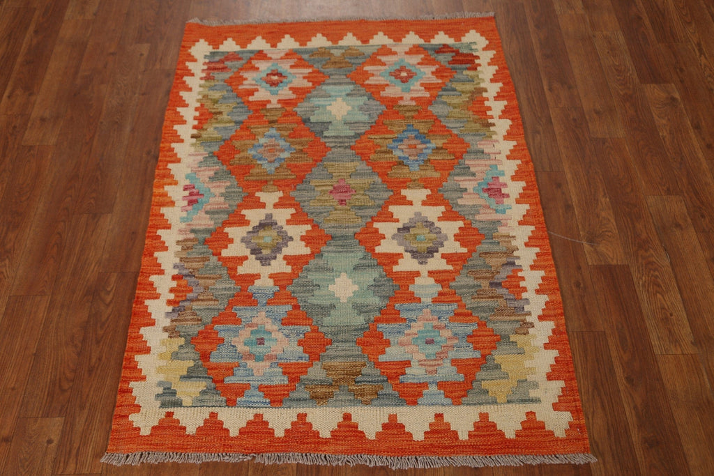 Orange Wool Kilim Geometric Area Rug 3x4