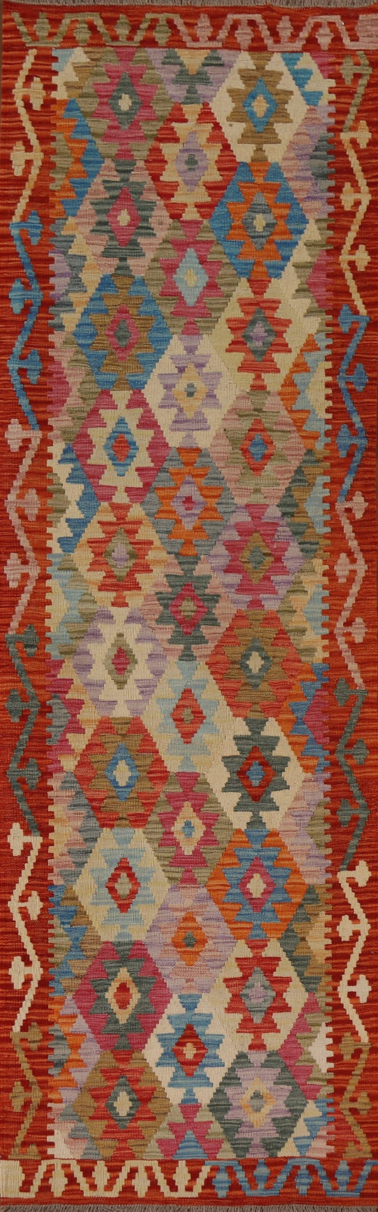 Geometric Kilim Wool Runner Rug 3x10