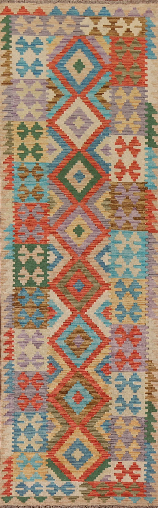 Geometric Kilim Wool Runner Rug 3x10