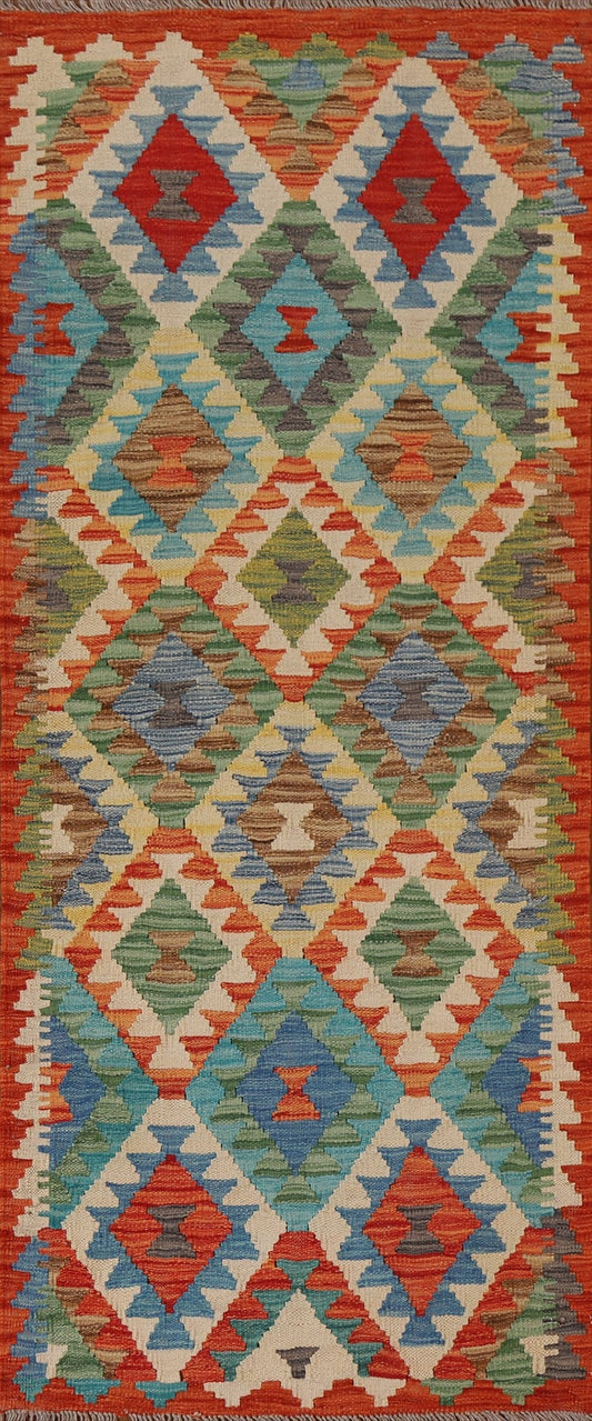 Geometric Kilim Wool Runner Rug 3x7