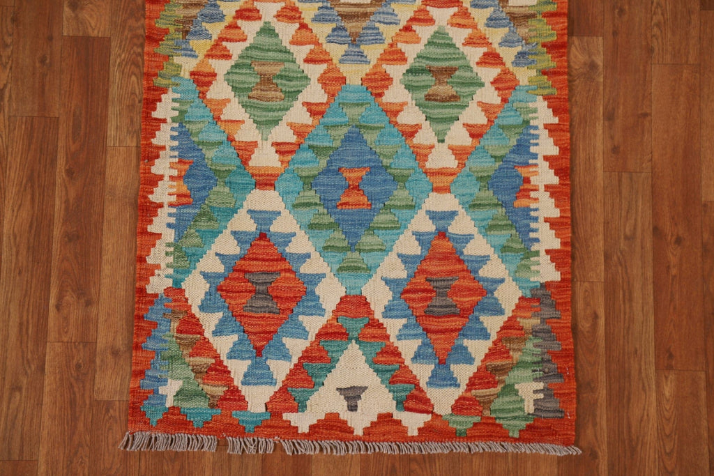 Geometric Kilim Wool Runner Rug 3x7