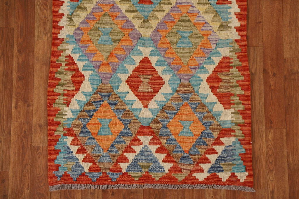 Geometric Kilim Wool Runner Rug 3x7