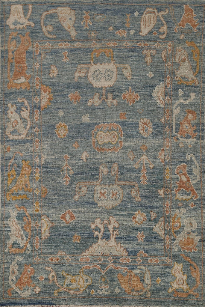 Blue Floral Oushak Vegetable Dye Area Rug 4x6