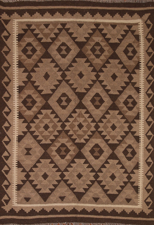 Brown Wool Kilim Geometric Area Rug 5x7