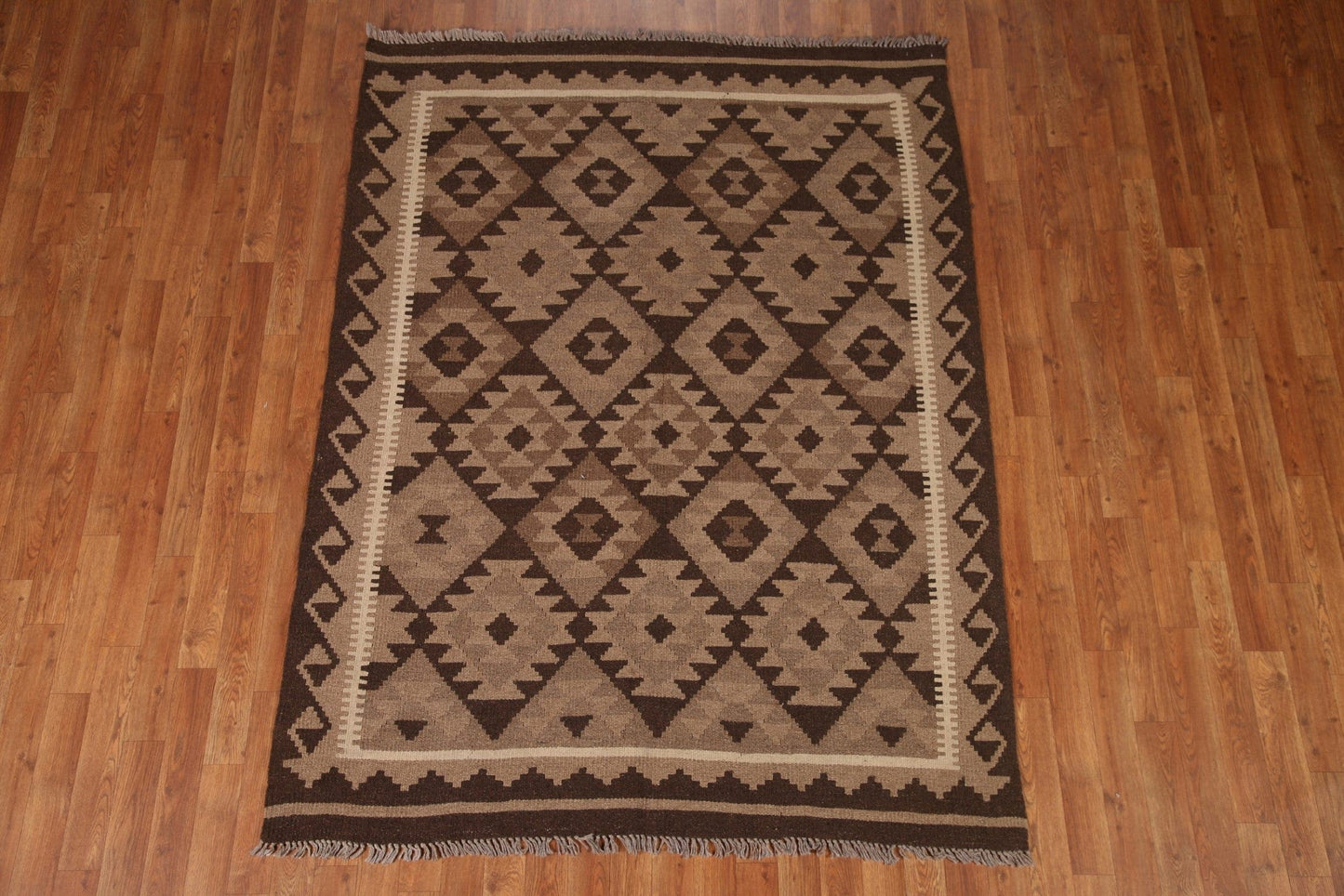 Brown Wool Kilim Geometric Area Rug 5x7