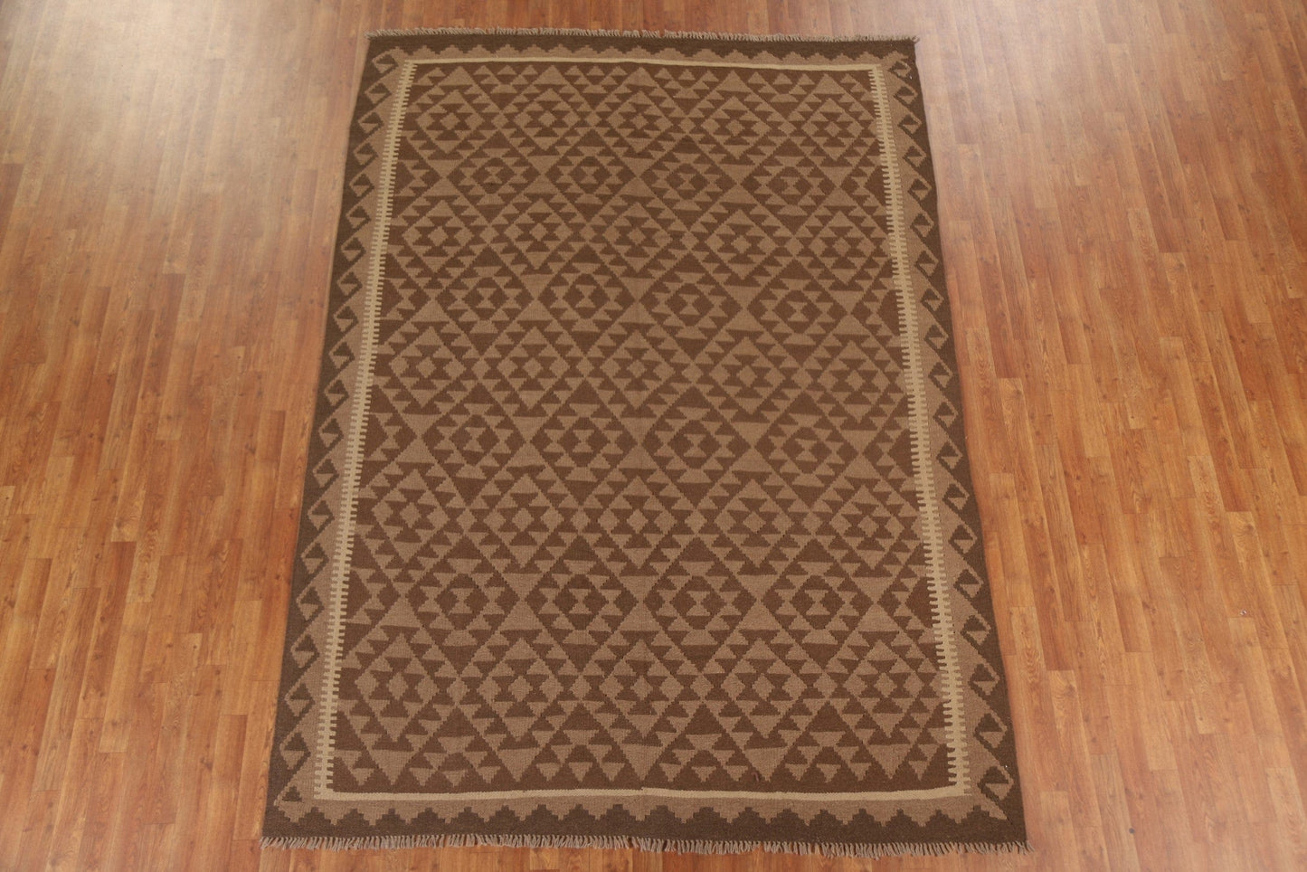 All-Over Brown Kilim Geometric Area Rug 7x10