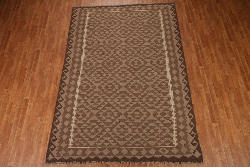 Brown Wool Kilim Geometric Area Rug 7x10