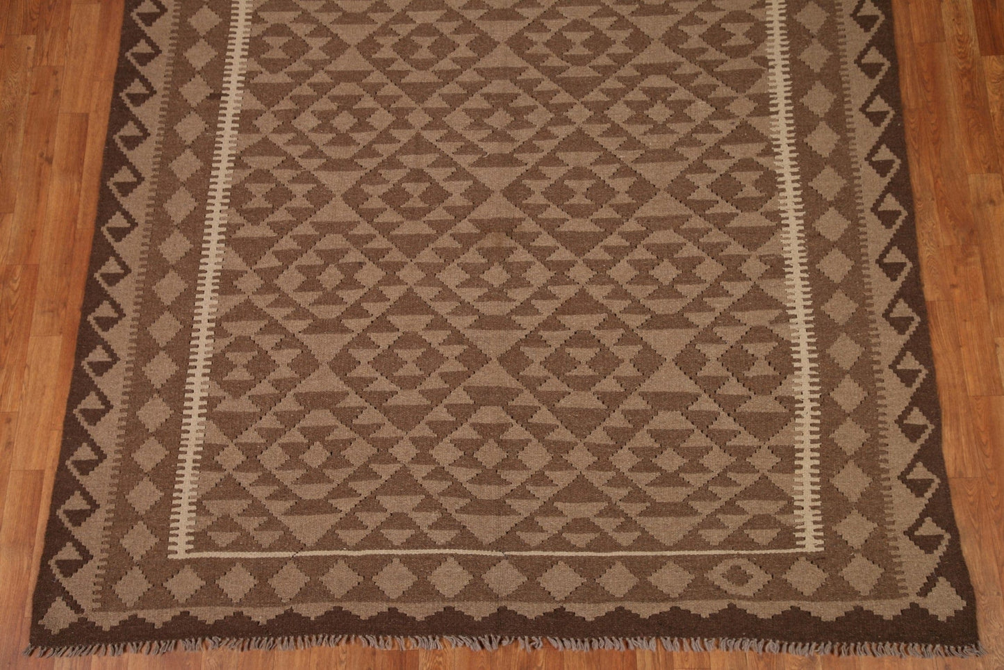 Brown Wool Kilim Geometric Area Rug 7x10