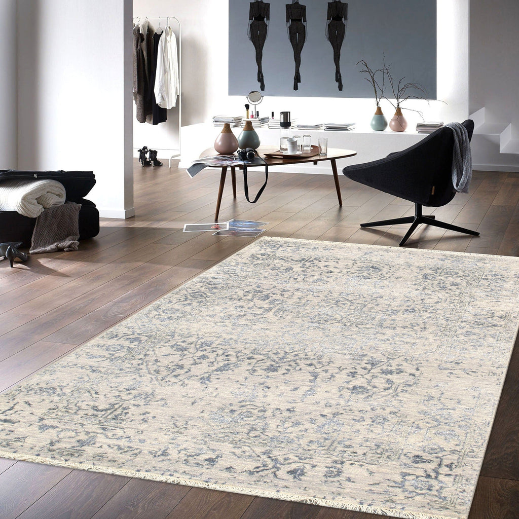 Pasargad Home Transitional Collection Hand Knotted Bsilk & Wool Area Rug, 4' 0" X 6' 2", Silver/Grey