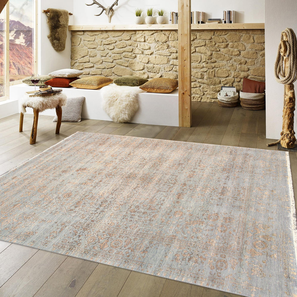 Pasargad Home Transitional Collection Hand Knotted Bsilk & Wool Area Rug, 7' 9" X 10' 0", Blue/Gold