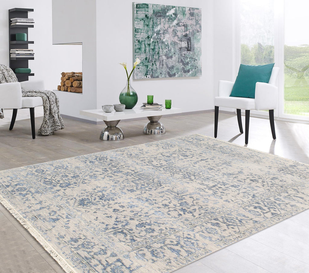 Pasargad Home Transitional Collection Hand Knotted Bsilk & Wool Area Rug, 4' 0" X 6' 3", Silver/Blue