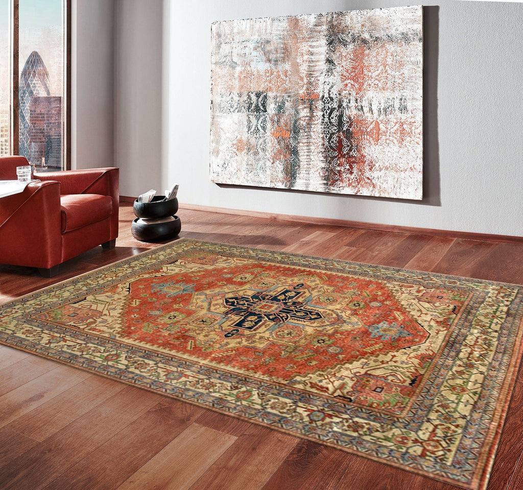 Serapi Collection Hand-Knotted Rust/Ivory Wool Area Rug- 8'10" X 9' 1"