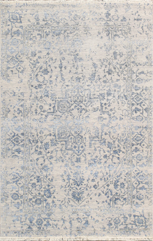 Pasargad Home Transitional Collection Hand Knotted Bsilk & Wool Area Rug, 4' 0" X 6' 3", Silver/Blue