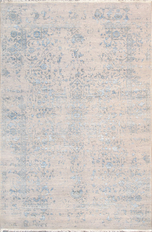 Pasargad Home Transitional Collection Hand Knotted Bsilk & Wool Area Rug, 5'11" X 9' 0", Silver/L. Blue