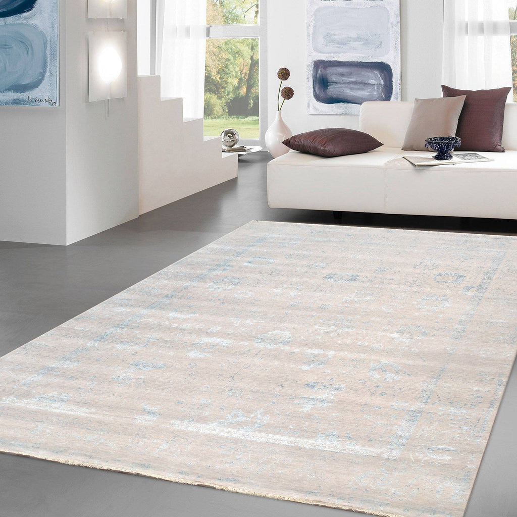 Pasargad Home Transitional Collection Hand Knotted Bsilk & Wool Area Rug, 8'11" X 11' 8", Silver/Aqua