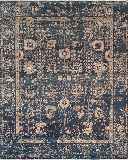 Transitional Collection Hand-Knotted Blue Bsilk & Wool Area Rug- 8' 0" X 9'10"