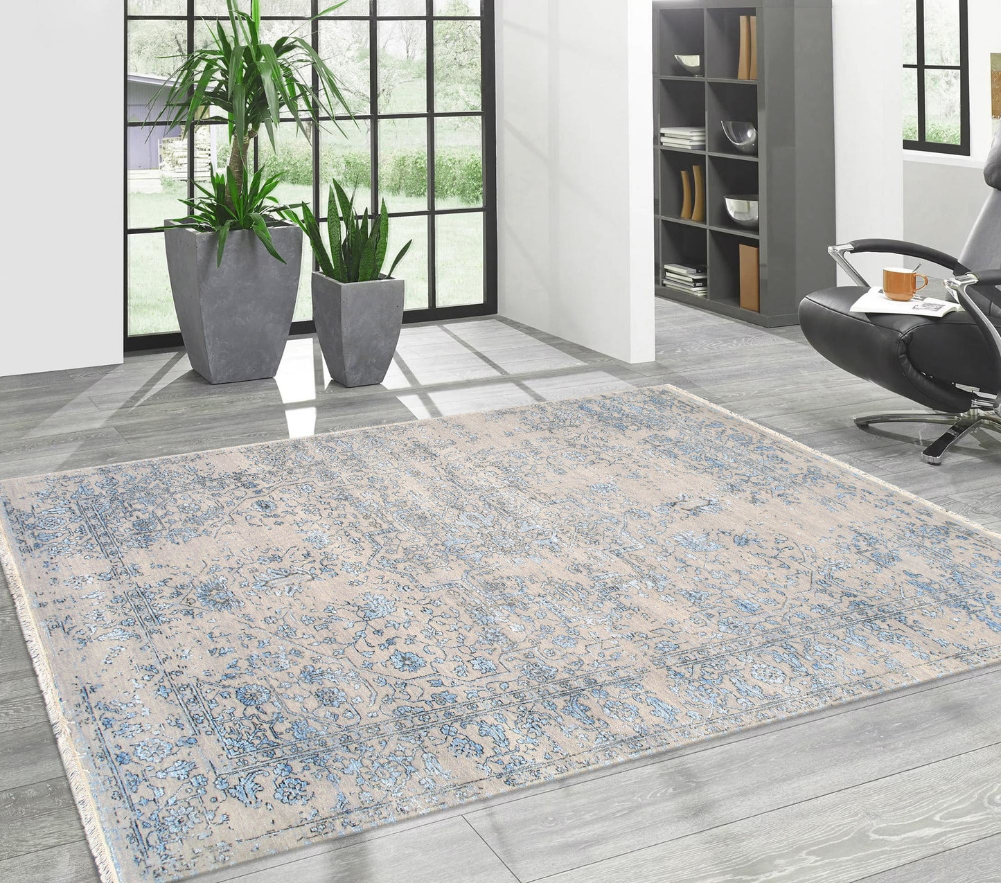 Pasargad Home Transitional Collection Hand Knotted Bsilk & Wool Area Rug, 5' 9" X 9' 0", Silver/L. Blue