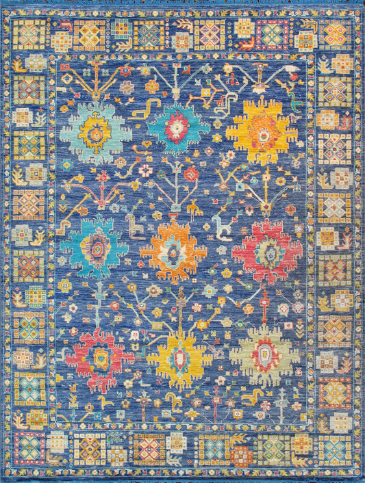 Oushak Collection Hand-Knotted Wool Blue Area Rug- 9' 2" X 12' 1"