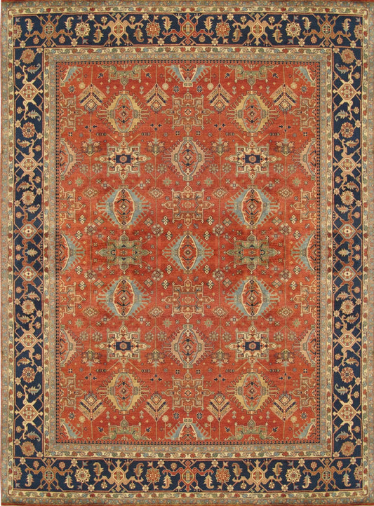 Mahal Collection Hand-Knotted Rust/Navy Wool Area Rug- 9' 0" X 12' 0"