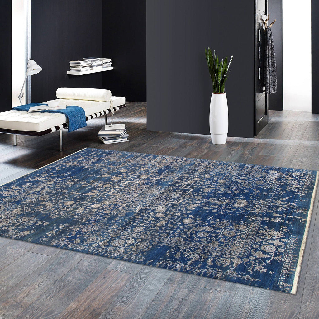 Pasargad Home Transitional Collection Hand Knotted Bsilk & Wool Area Rug, 9' 0" X 11'10", Blue/Silver