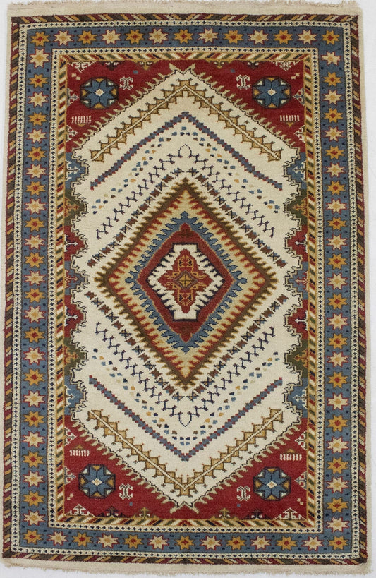 Ivory Tribal Geometric 5X8 Kazak Oriental Rug