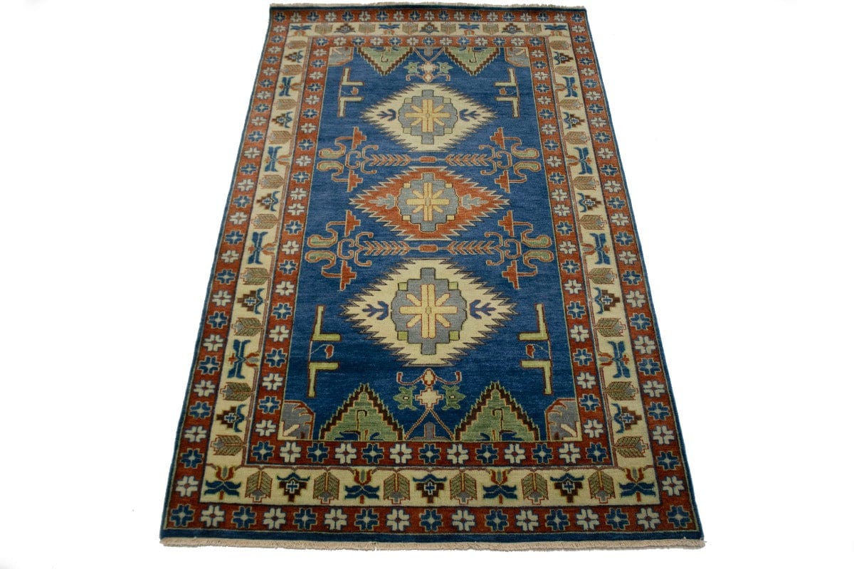 Blue Geometric 5X8 Kazak Oriental Rug