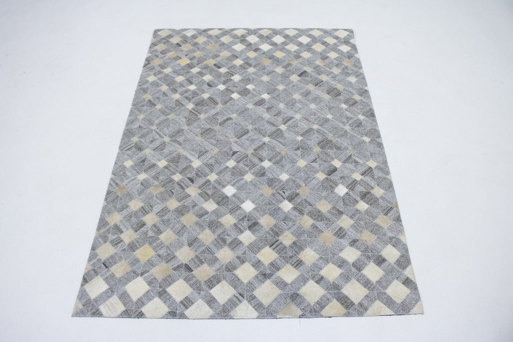 Grey Geometric 4X6 Modern Cowhide Patchwork Print Oriental Rug