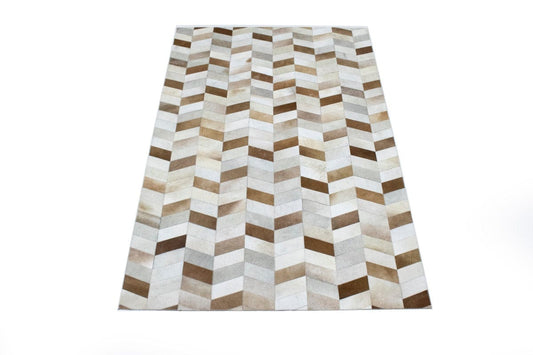 Brown Geometric 5X8 Cowhide Patchwork Modern Rug