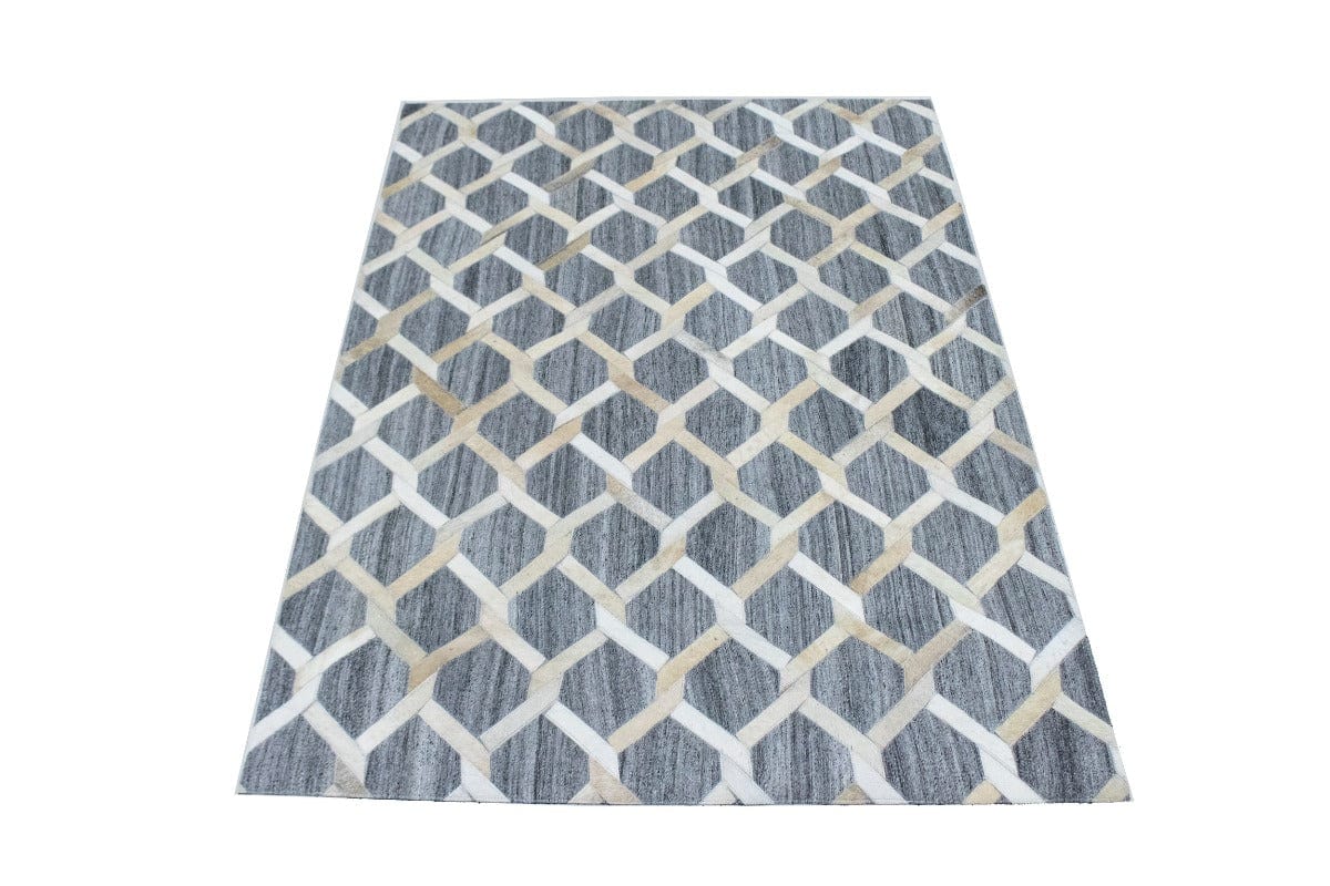 Gray Beige Geometric 4X6 Cowhide Patchwork Modern Rug