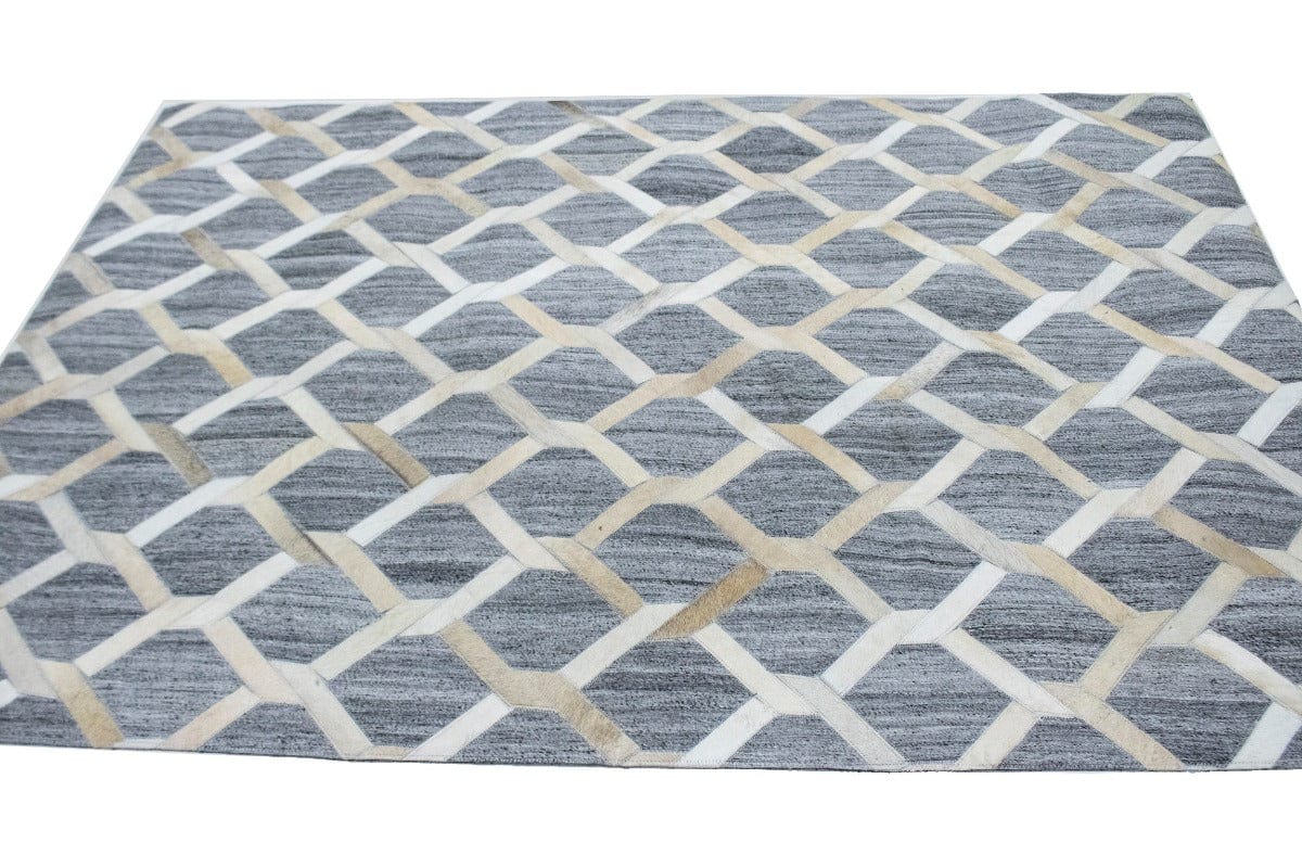 Gray Beige Geometric 4X6 Cowhide Patchwork Modern Rug