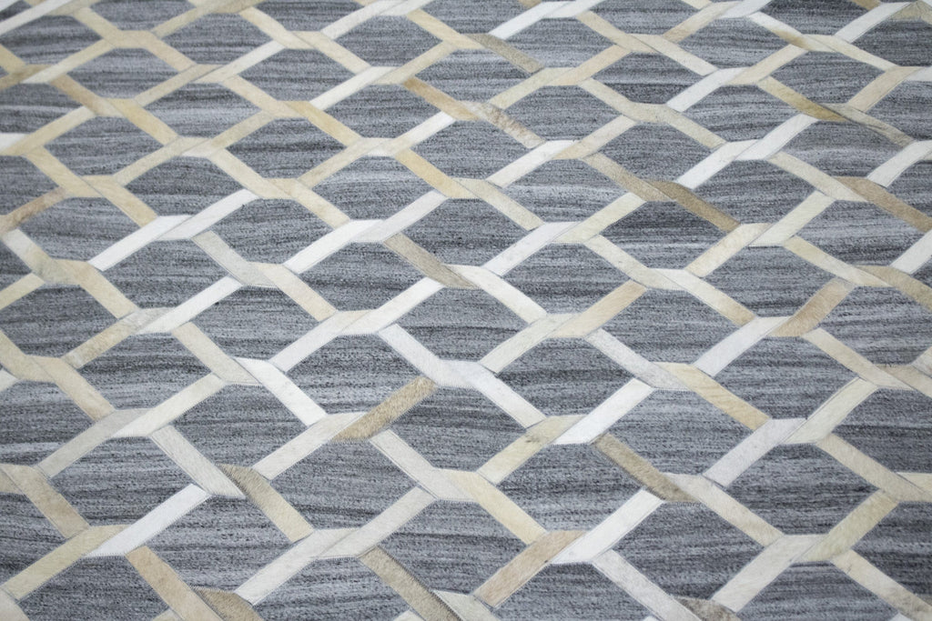 Grey Beige Geometric 6X6 Modern Cowhide Patchwork Oriental Rug