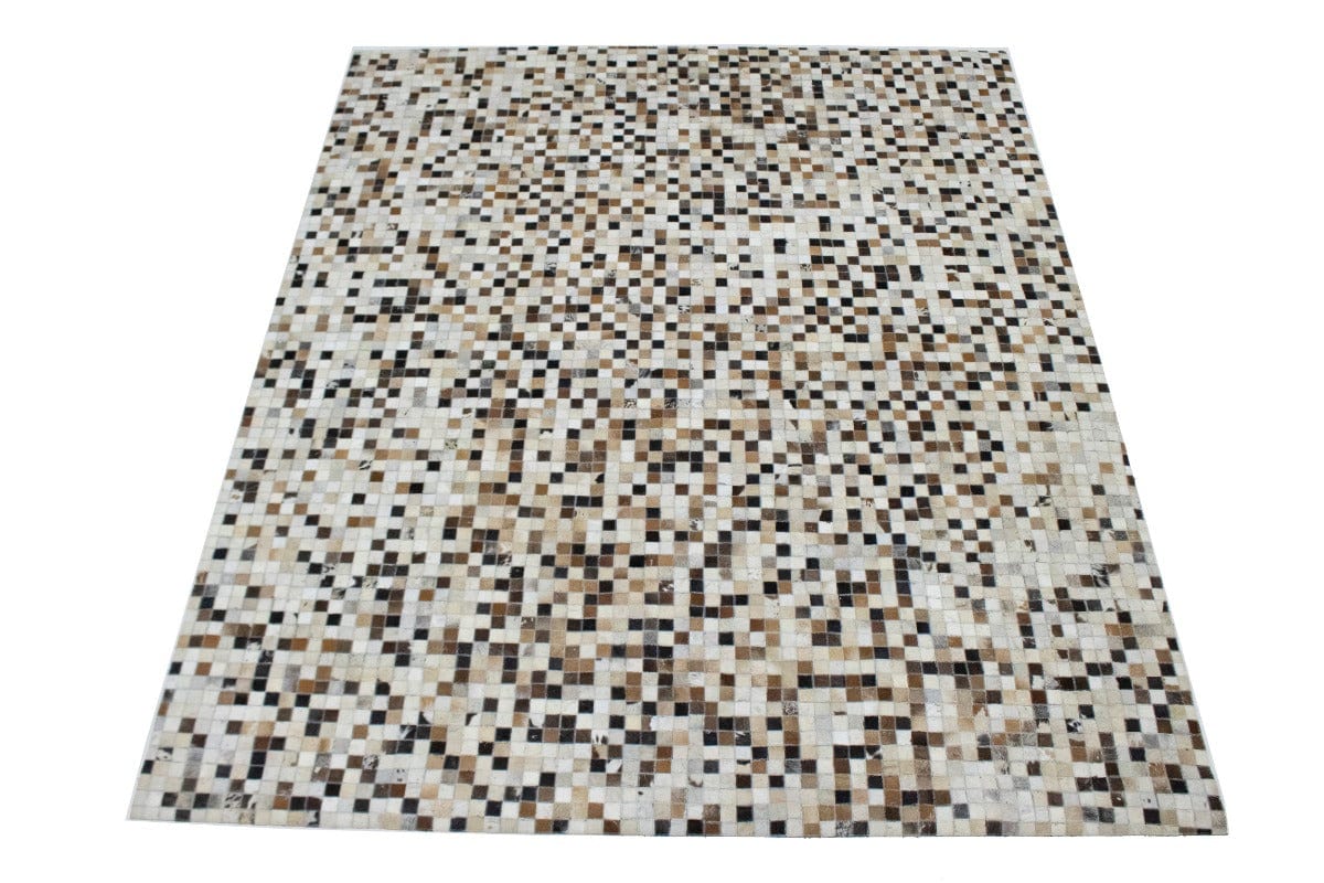 Ivory Geometric 8X10 Cowhide Patchwork Modern Rug