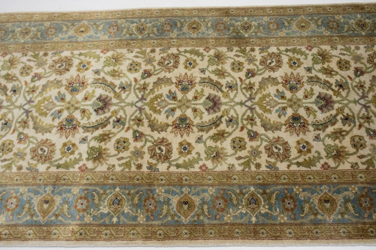 Beige & Blue Floral 3'1X11'5 Kashan Tabriz Oriental Runner Rug