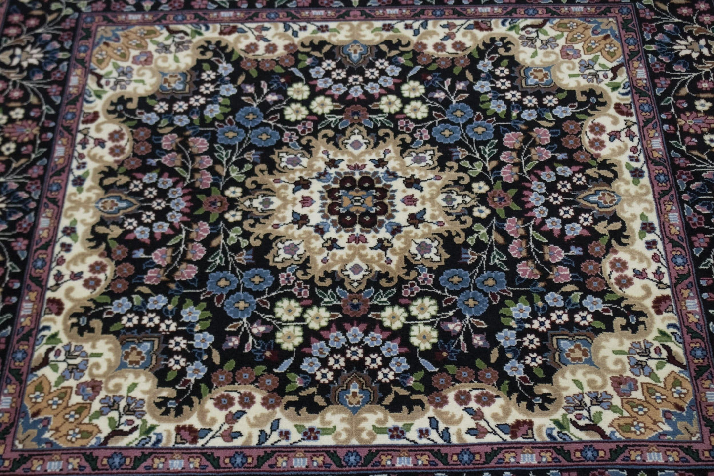 Black Floral Kirman 5X5 Oriental Rug