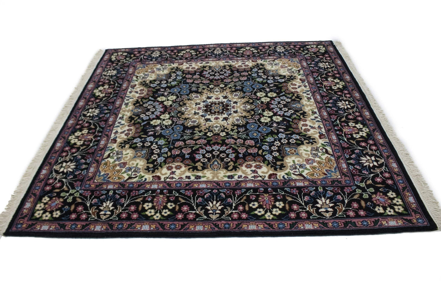 Black Floral Kirman 5X5 Oriental Rug