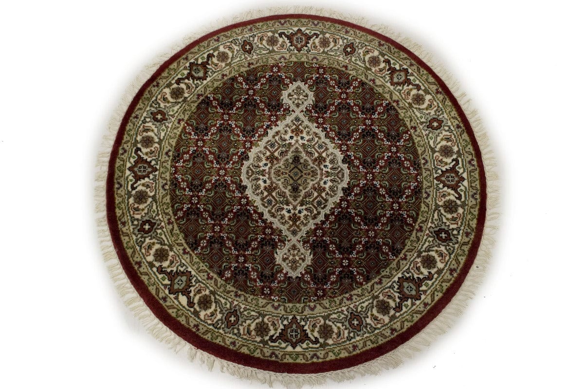 Red Floral Geometric 3X3 Tabriz Fish Mahi Oriental Round Rug