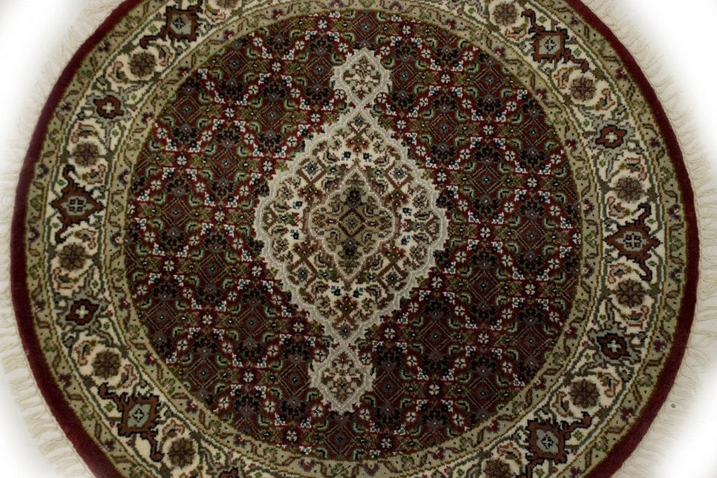 Red Floral Geometric 3X3 Tabriz Fish Mahi Oriental Round Rug