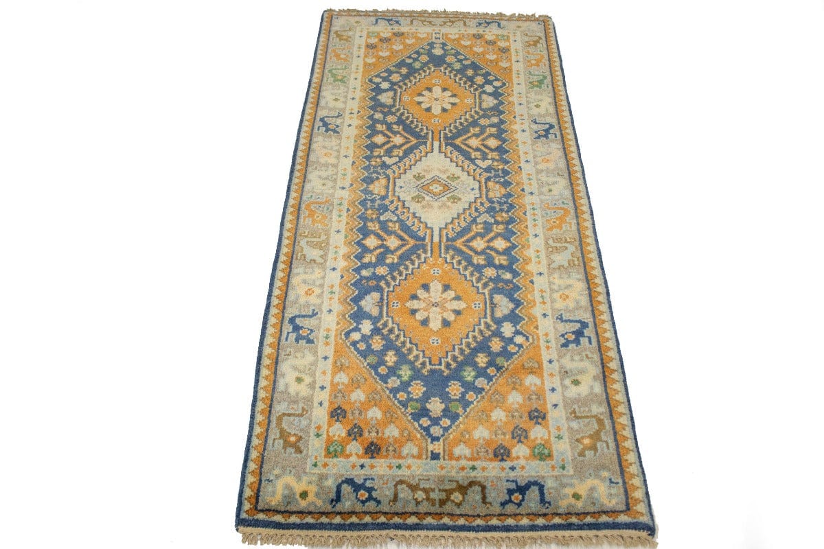 Blue & Orange Geometric 3X6 Indo-Yalameh Oriental Rug